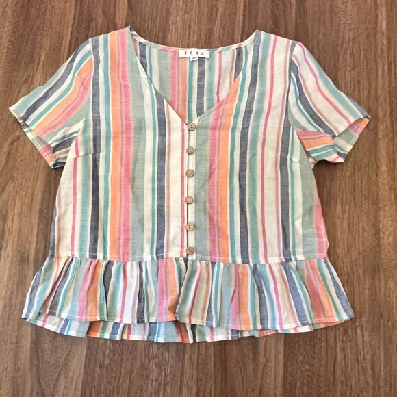 THML Lightweight V Neck Striped Womens Pullover Boho Lagenlook Top Size‎ XS - Picture 1 of 7